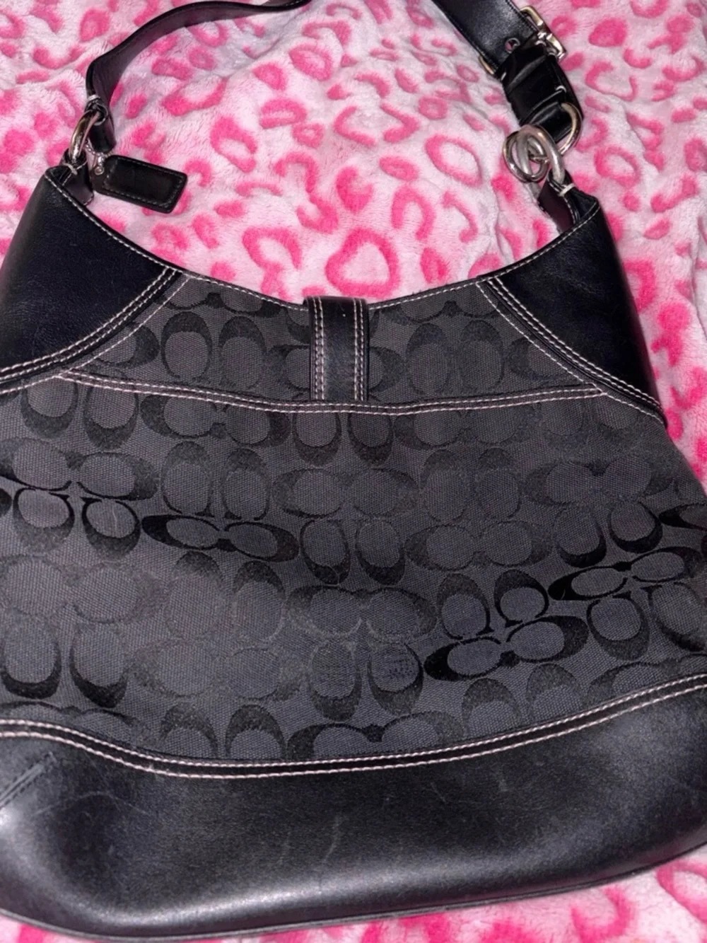 Coach Black Signature Jacquard Hobo with Leather Trim